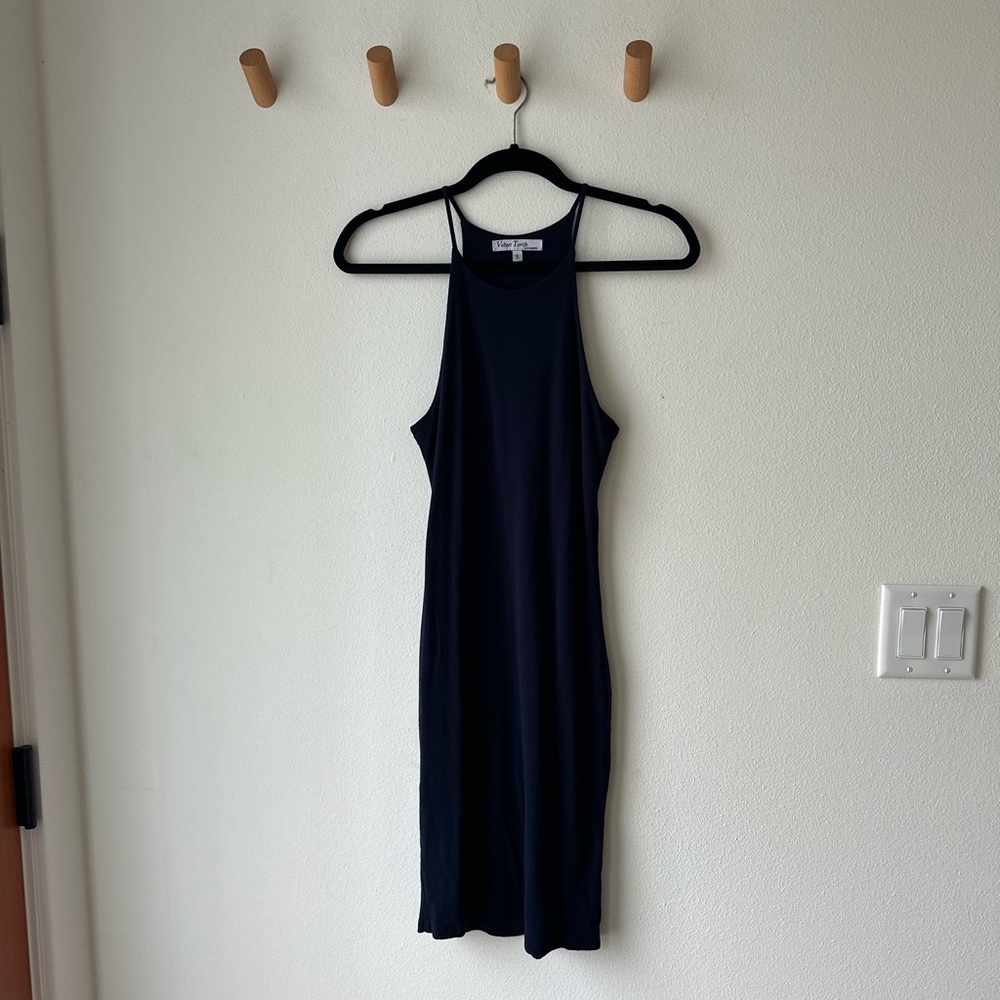 Velvet Torch Navy Midi Dress with High Neck, Bodycon, S